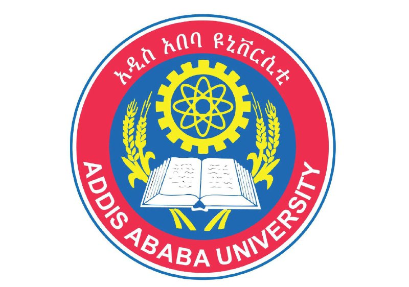 The crest of Addis Ababa University: a red and blue circle carrying an open book, a cogwheel around an atom and two ears of grain, with the university's name in Amharic and English around the rim.