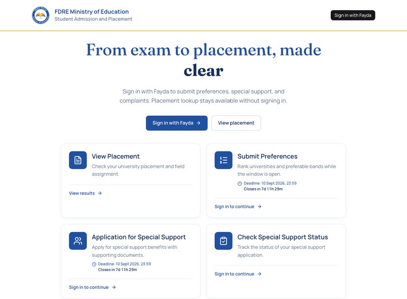 The Ministry of Education Student Admission and Placement portal, headed From exam to placement made clear, with a Sign in with Fayda button and a Submit Preferences card showing a 10 September deadline.