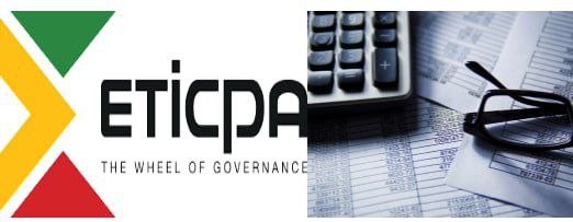 The ETiCPA banner: a green, yellow and red chevron mark beside the word ETICPA and the line The Wheel of Governance, next to a photograph of a calculator and reading glasses resting on printed accounts.