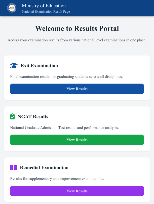 The Ministry of Education results portal, listing Exit Examination, NGAT Results and Remedial Examination, each with a View Results button.