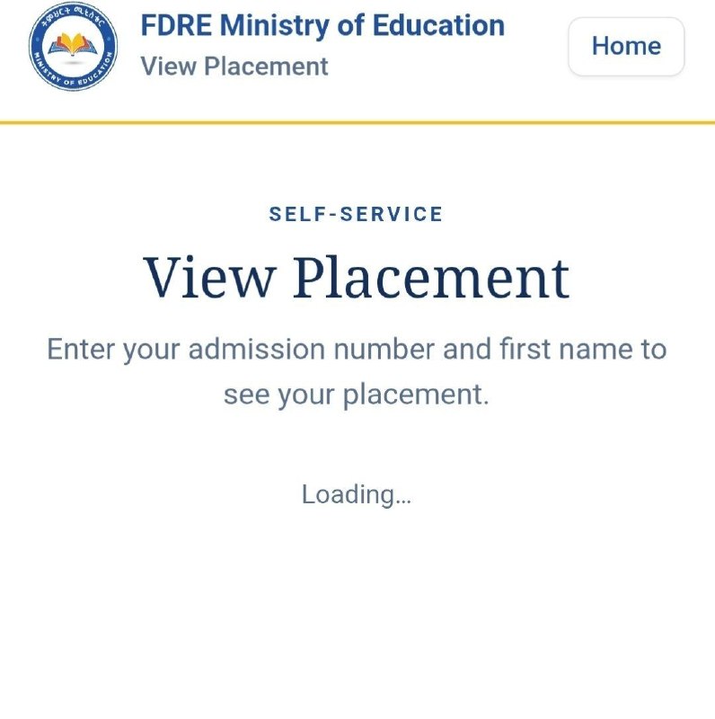 The Ministry of Education's View Placement page, which asks the student for an admission number and a first name.