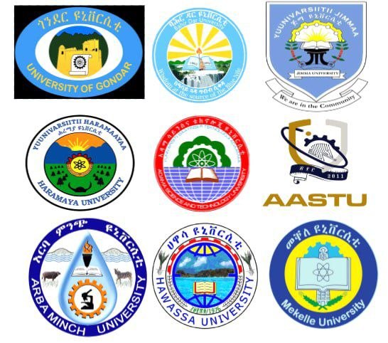 A grid of nine university logos: Gondar, Bahir Dar, Jimma, Haramaya, Adama Science and Technology, Addis Ababa Science and Technology, Arba Minch, Hawassa and Mekelle.