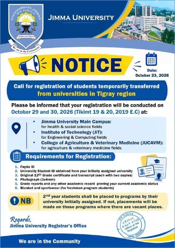 A registration notice from Jimma University for students moved from Tigray region universities.