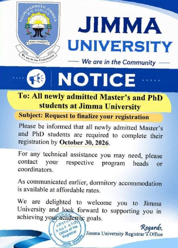 A Telegram post from Tikvah University repeating Jimma University's registration notice for new postgraduate students.