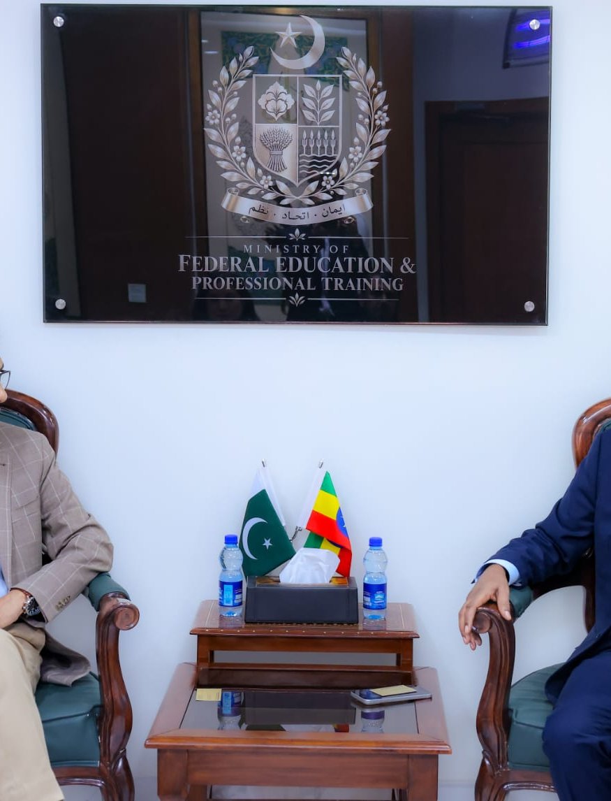 The Federal Minister for Education and Professional Training of Pakistan receiving the Ethiopian Ambassador at the ministry in Islamabad.